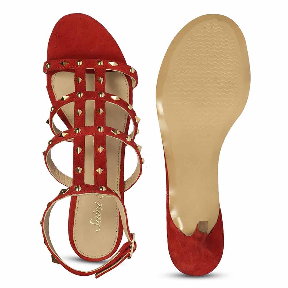 Saint Quenel Red Leather Studded Stilettos, sole view