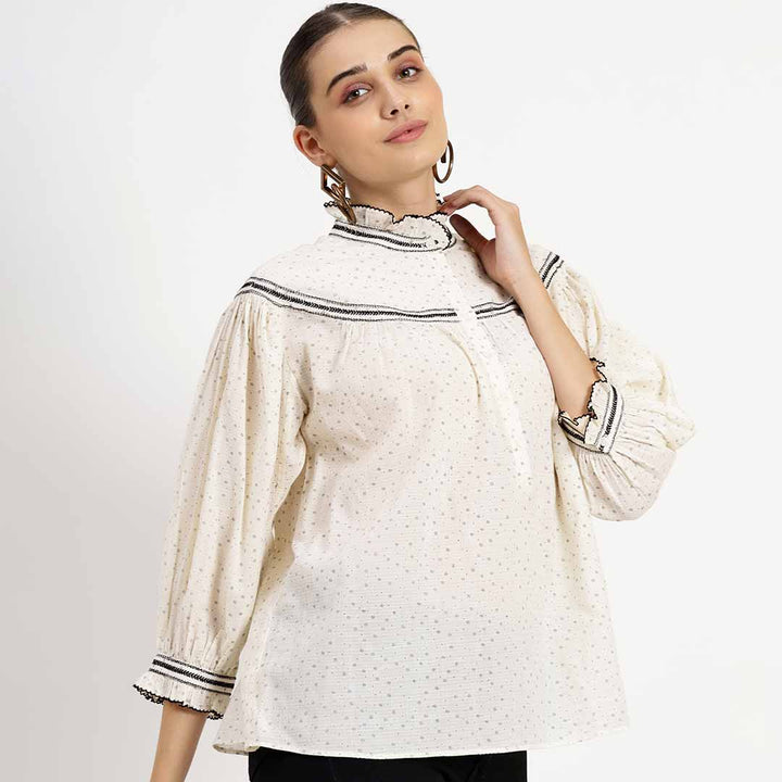 Women's ivory printed cotton top by Saint Quincy, full front view showing balloon sleeves.