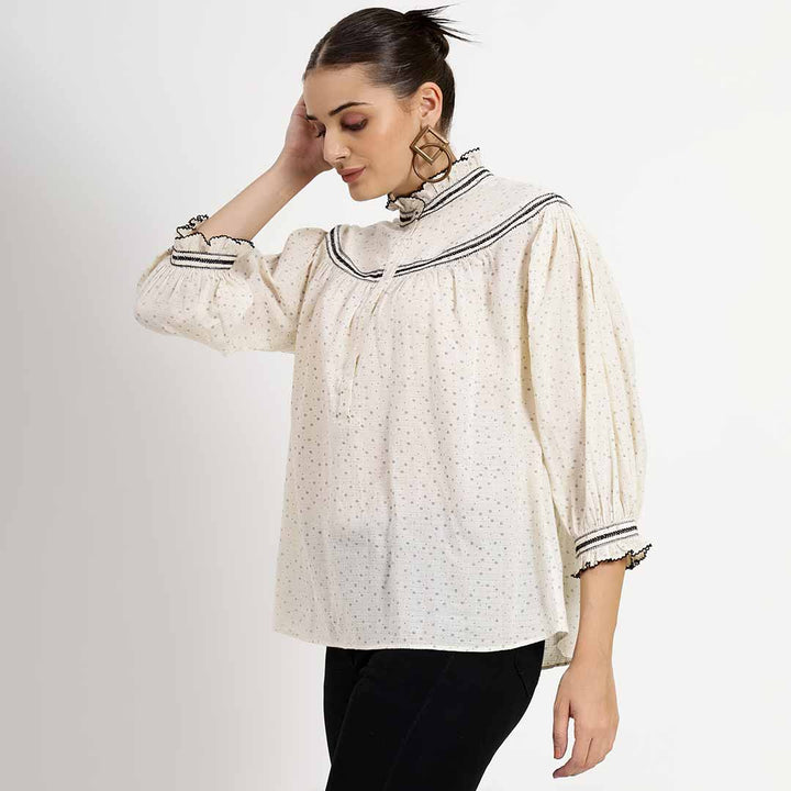 Saint Quincy ivory printed cotton top for women UK, three-quarter front view.