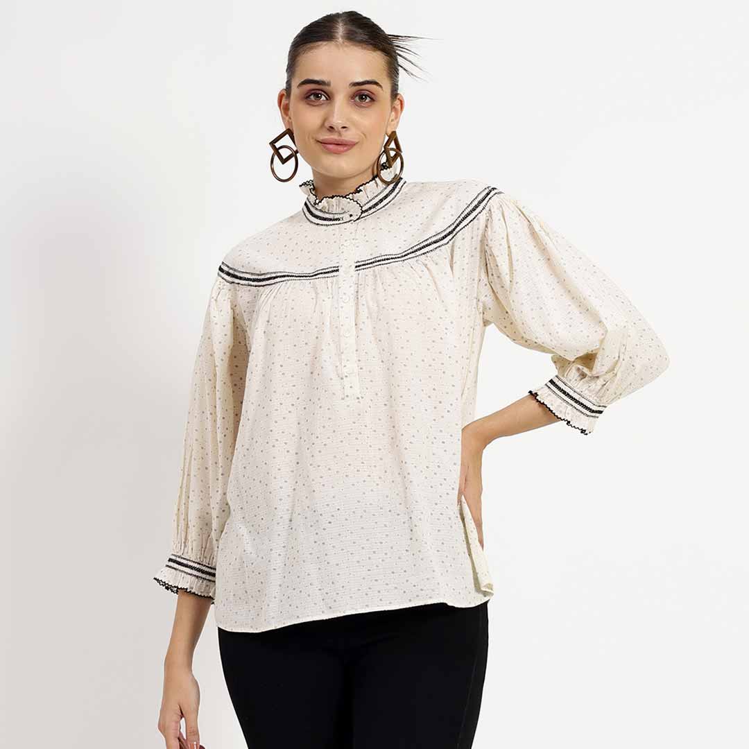 Saint Quincy ivory printed cotton top for women UK, front view with frilled mandarin collar.