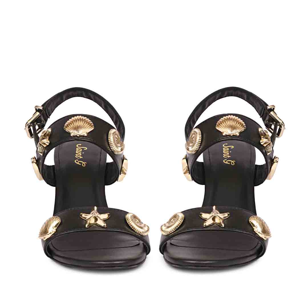 Women's Saint Ravena Seashell & Star Embellished Black Leather Stilettos, back pair view
