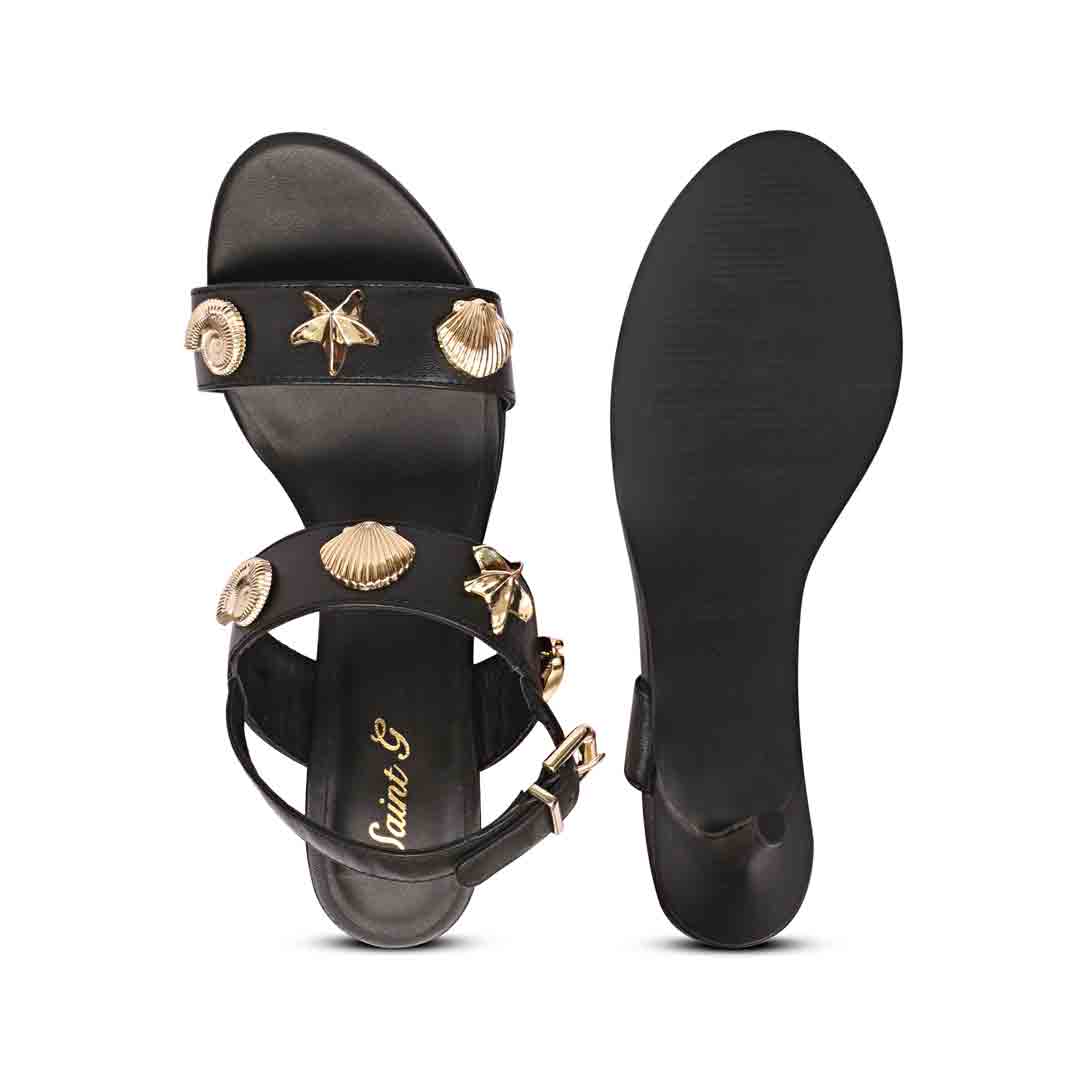 Women's Saint Ravena Seashell & Star Embellished Black Leather Stilettos, sole view