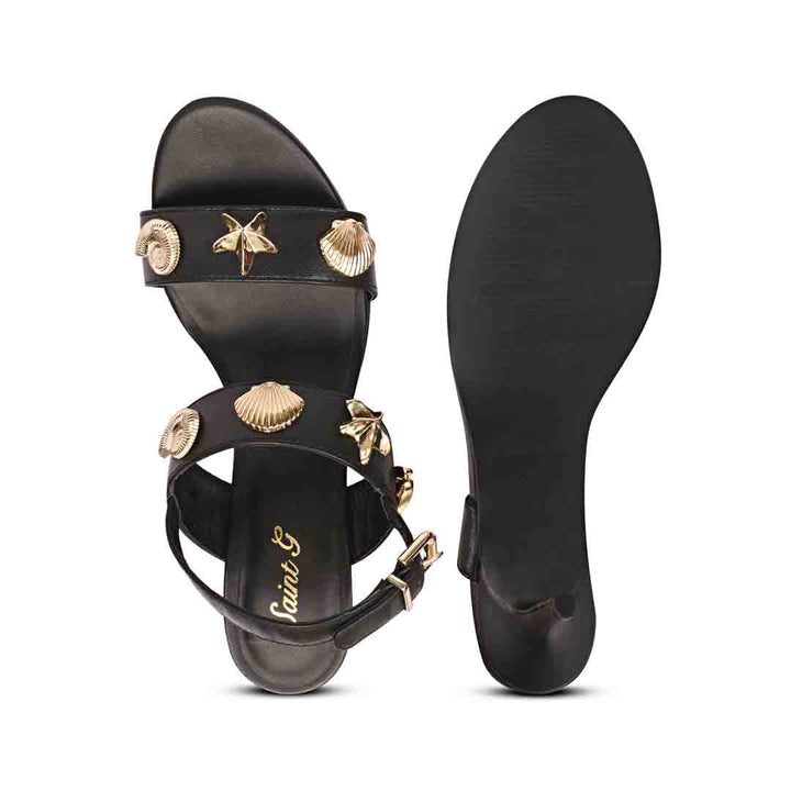 Women's Saint Ravena Seashell & Star Embellished Black Leather Stilettos, sole view