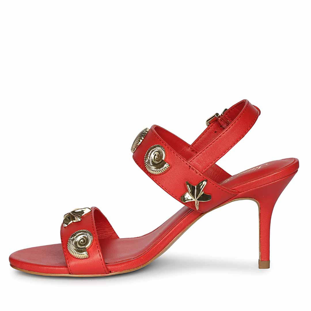 Women's Saint Ravena Seashell & Star Embellished Goji Berry Leather Stilettos, angled view