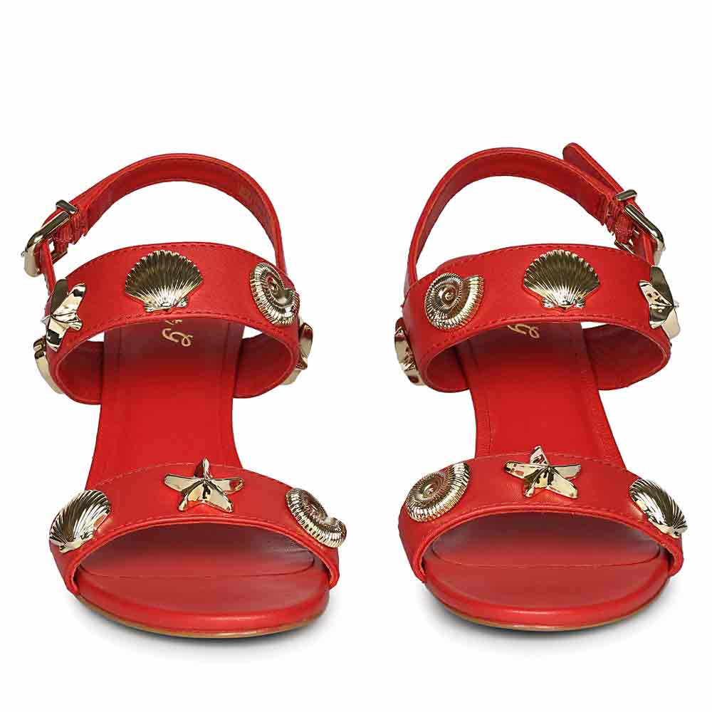 Women's Saint Ravena Seashell & Star Embellished Goji Berry Leather Stilettos, front pair view