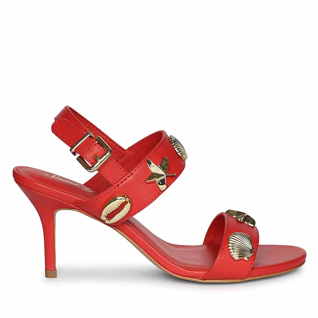 Women's Saint Ravena Seashell & Star Embellished Goji Berry Leather Stilettos, side view