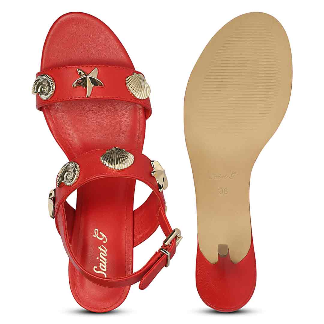 Women's Saint Ravena Seashell & Star Embellished Goji Berry Leather Stilettos, sole view