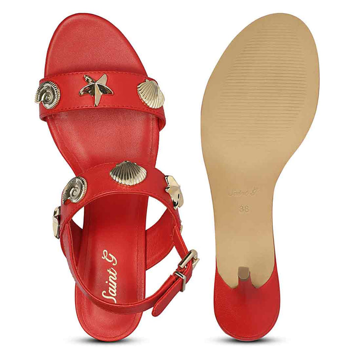 Women's Saint Ravena Seashell & Star Embellished Goji Berry Leather Stilettos, sole view