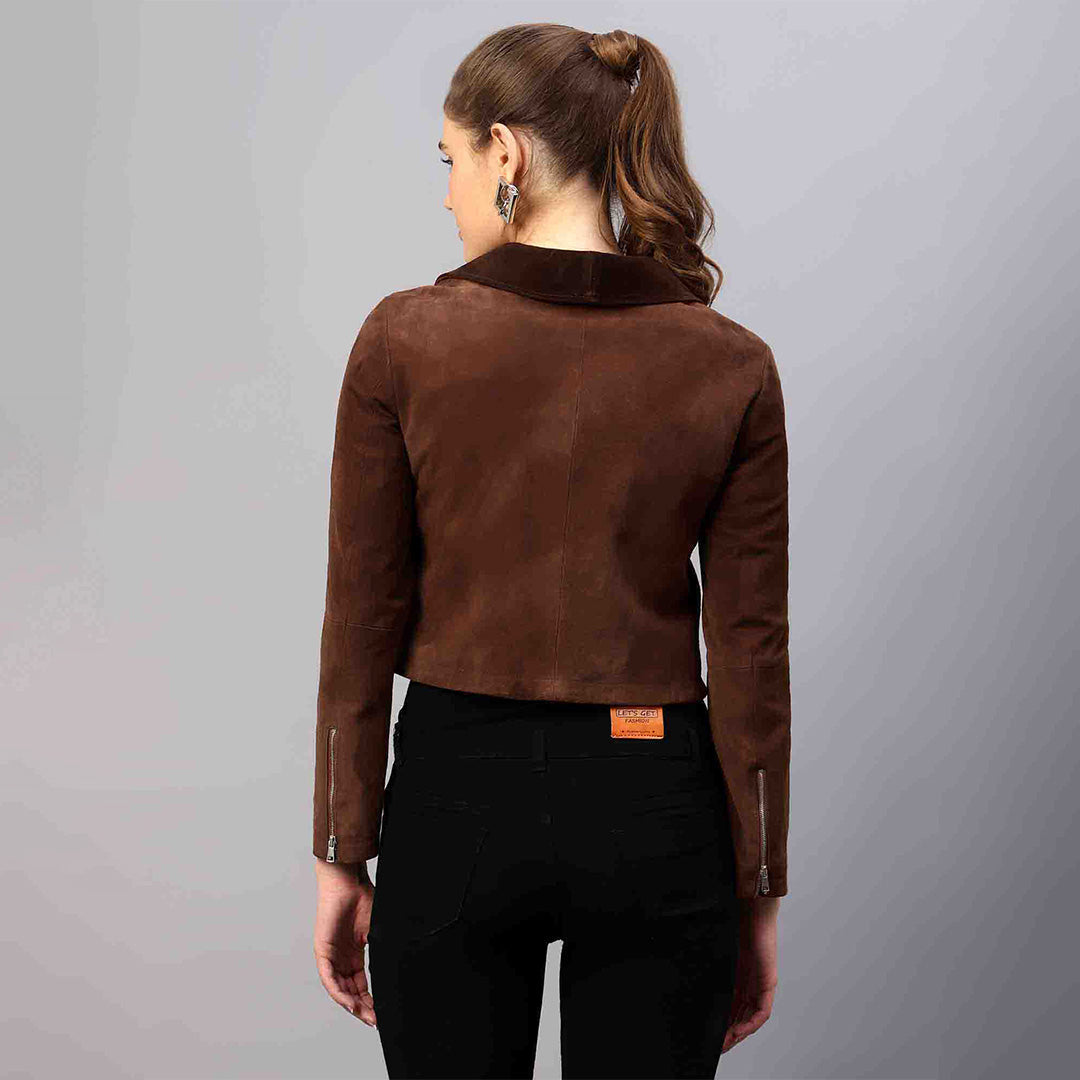 Saint Rebecca brown suede jacket UK, back view showing contrast collar