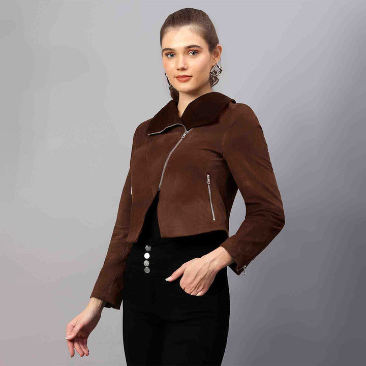 Saint Rebecca brown suede jacket for women UK, front view with wide notched collar