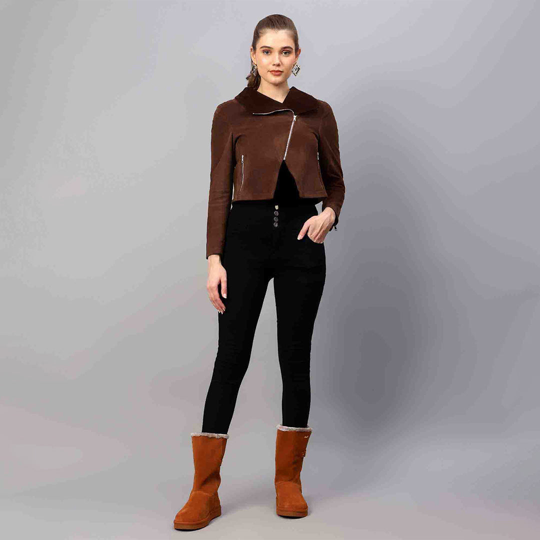 Brown suede jacket for women UK, styled full-length lifestyle shot