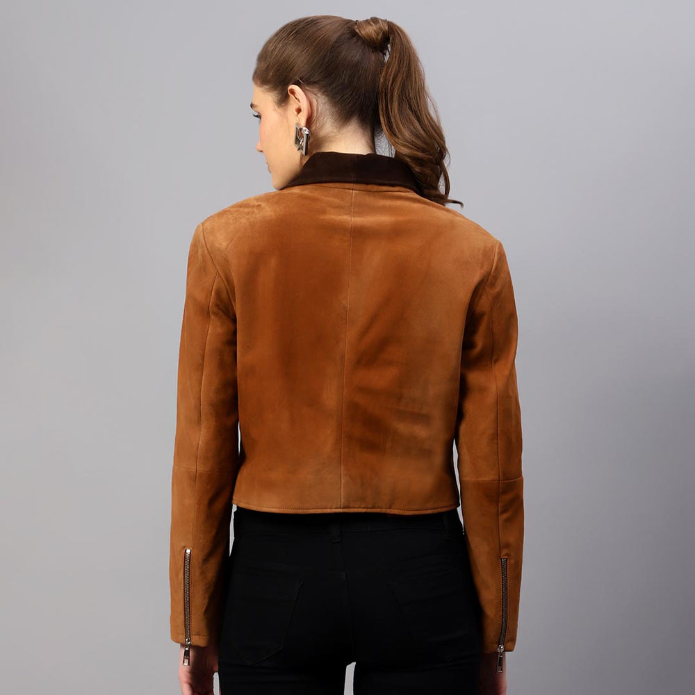 Women's light brown suede jacket UK by Saint Rebecca, back view showing contrast collar
