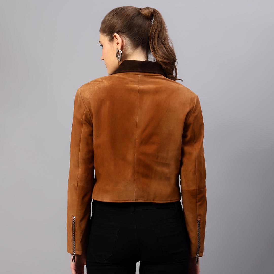Women's light brown suede jacket UK by Saint Rebecca, back view showing contrast collar