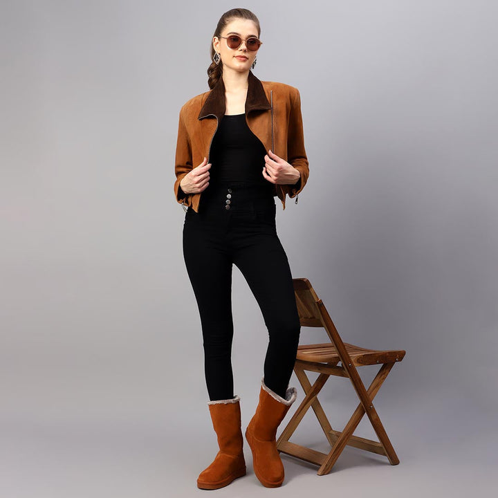 Saint Rebecca light brown suede jacket for women UK, styled full-length lifestyle shot