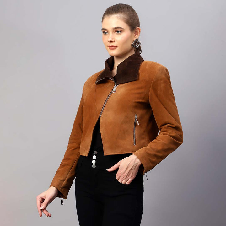 Light brown suede jacket for women UK, side view with asymmetric zip