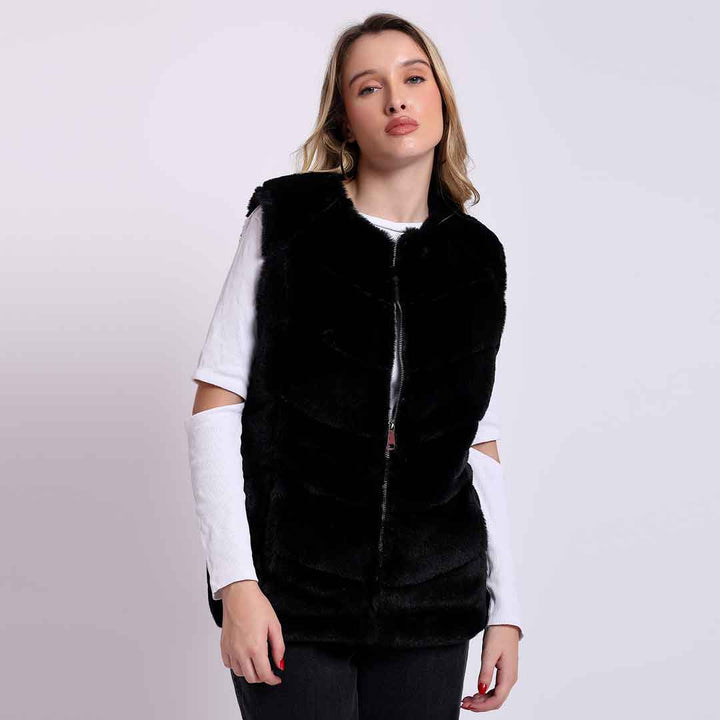 Saint Renata black fur sleeveless vest UK, alternate front view