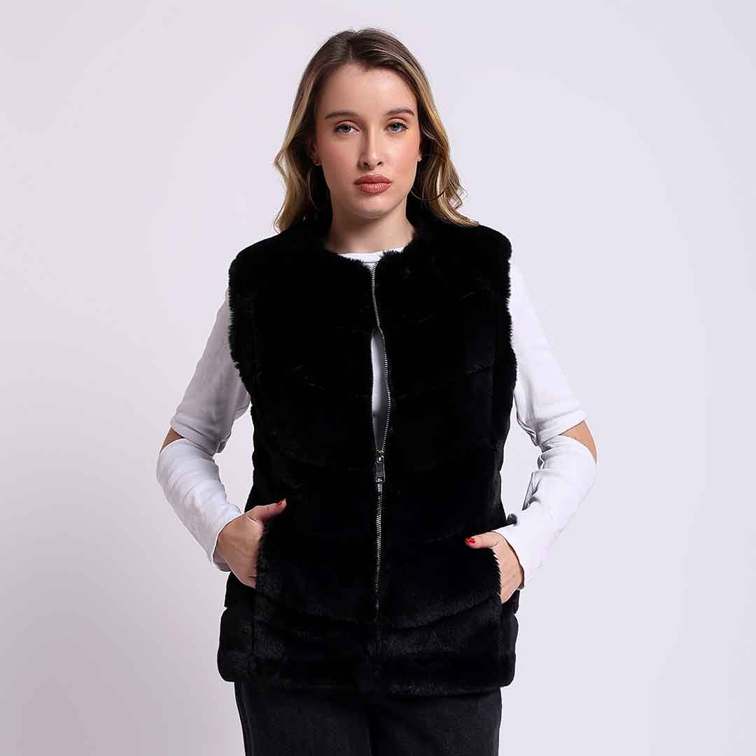 Saint Renata black fur sleeveless vest for women UK, front view