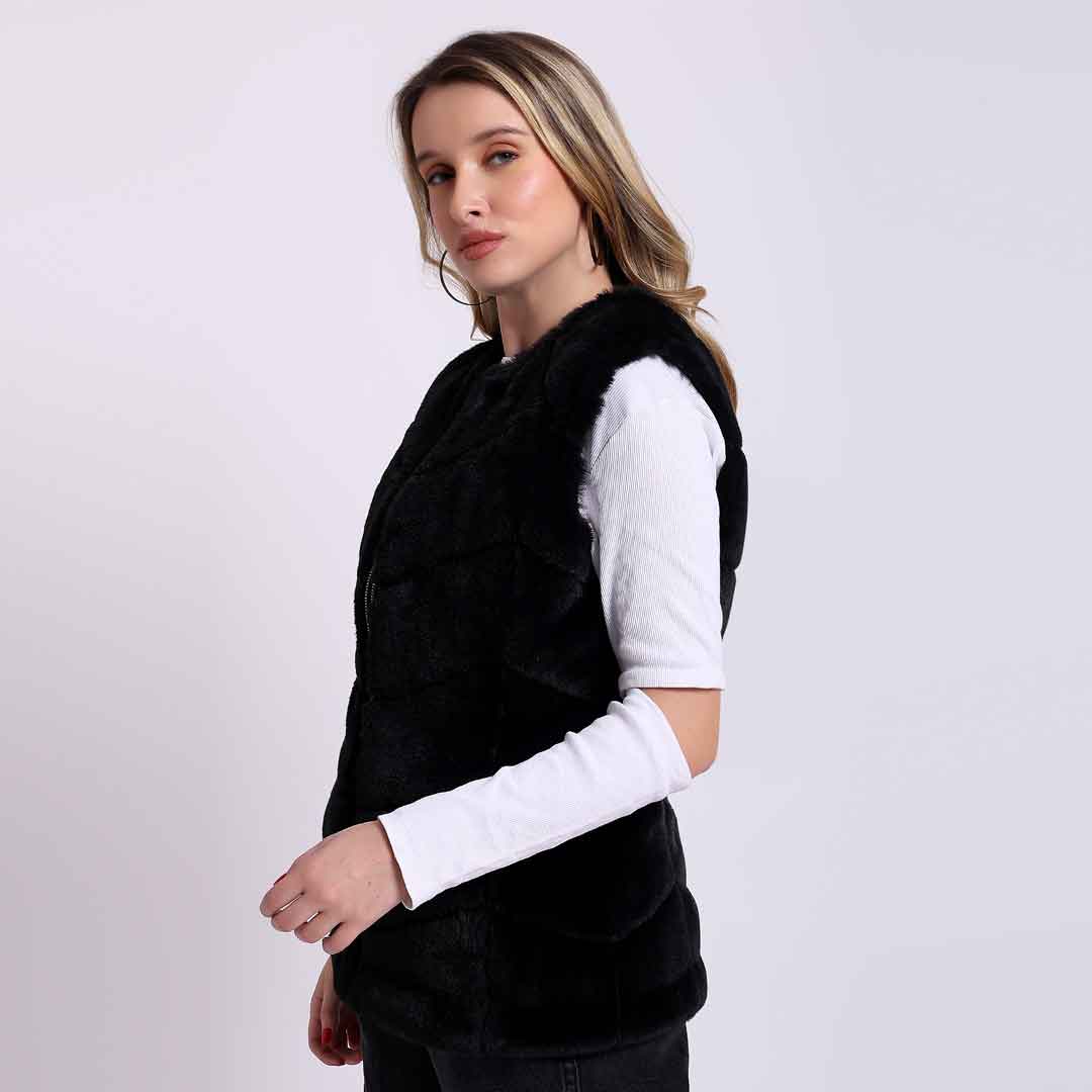 Black fur sleeveless vest for women UK, side view