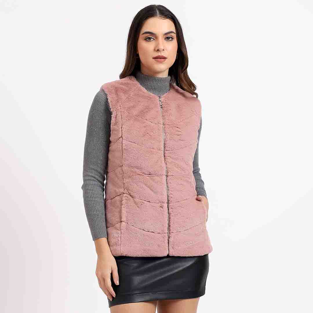 Saint Renata dusty rose fur sleeveless vest for women UK, front view