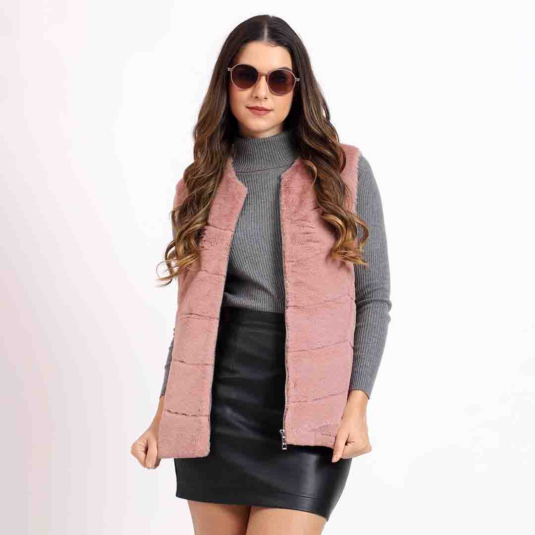 Dusty rose fur sleeveless vest for women UK, side view showing ribbed texture