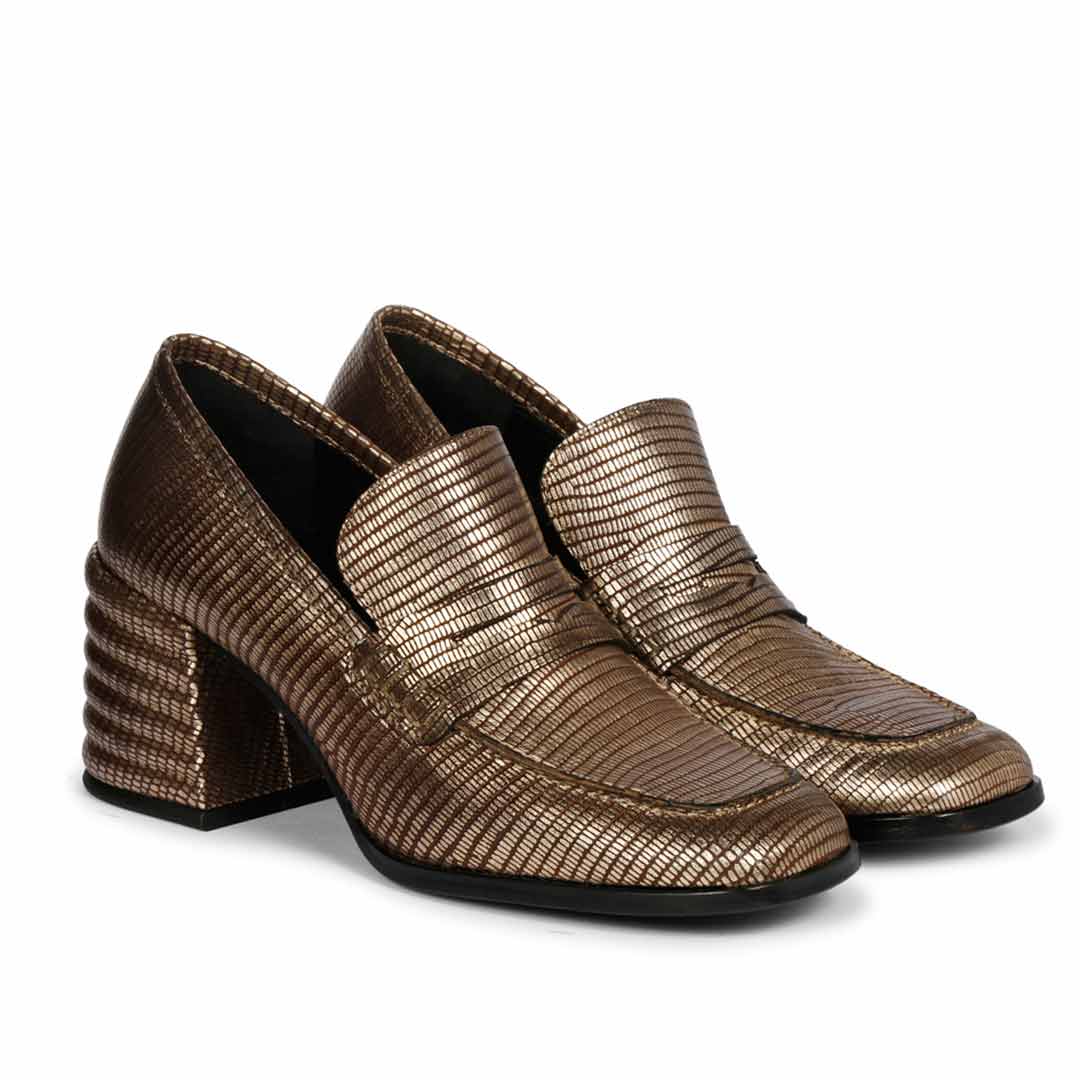 Best Ladies bronze metallic lizard-print loafer pumps for women, angled pair view, UK
