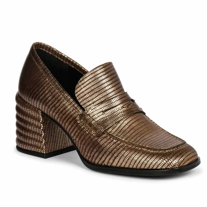 Ladies best bronze metallic loafer pumps, alternate angled view, UK