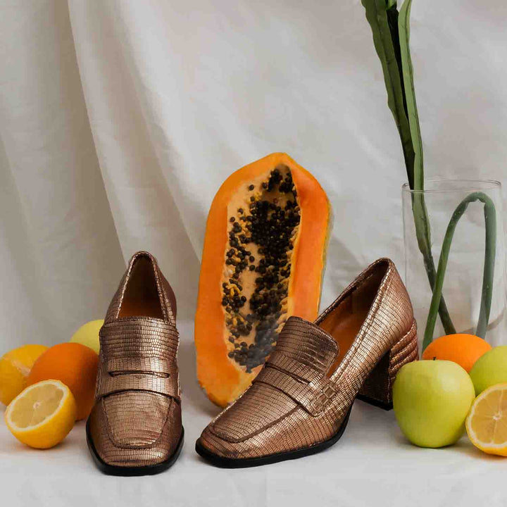 Ladies bronze metallic loafer pumps, styled lifestyle shot, UK