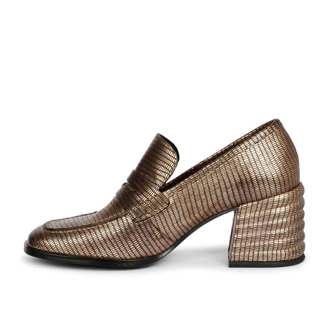 Women's bronze metallic loafer pumps, mirrored side profile, UK