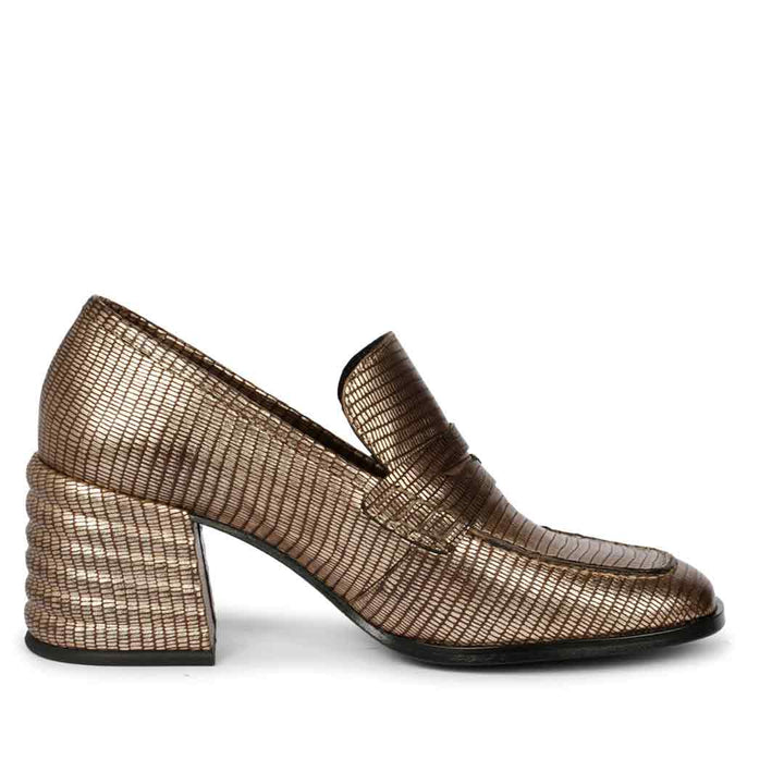 Best Women's bronze metallic lizard-embossed loafer pumps, side view, UK