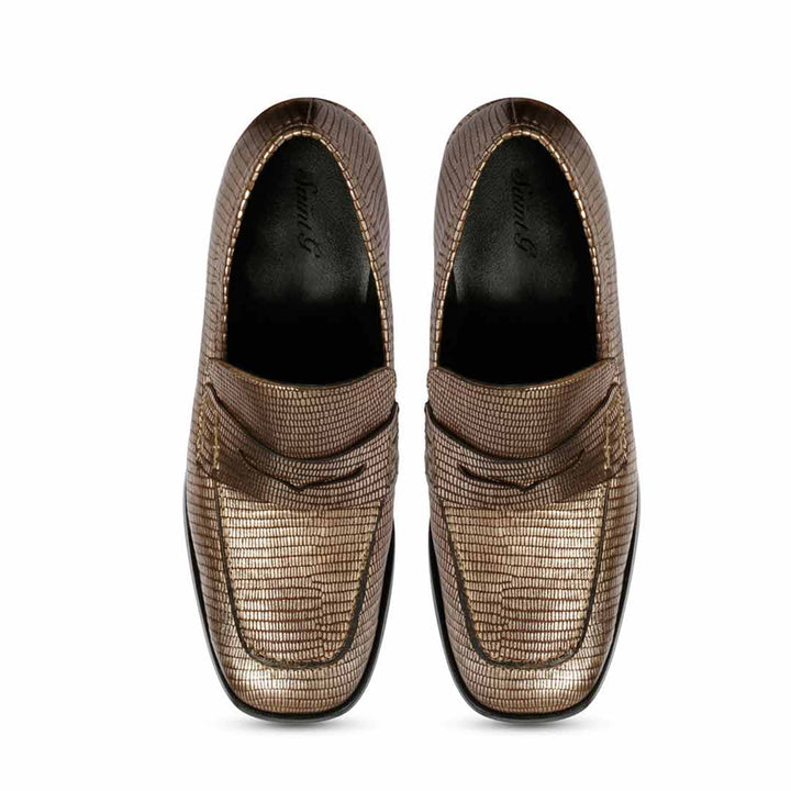 Best bronze metallic lizard-embossed loafer pumps, top and sole view, UK