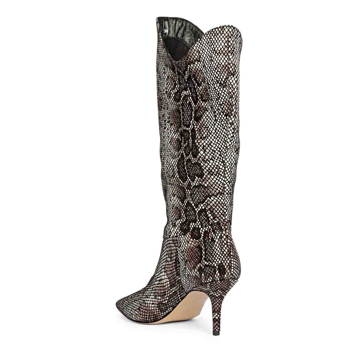 Women's snake print brown leather knee high boots, back pair view