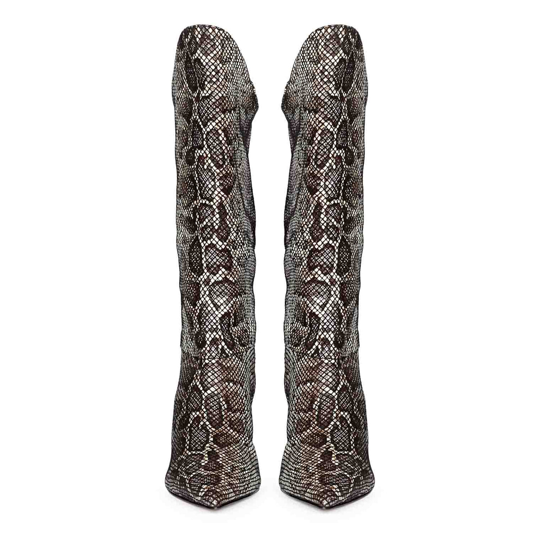 Saint Rocio snake print brown boots, front pair view of scaled pattern