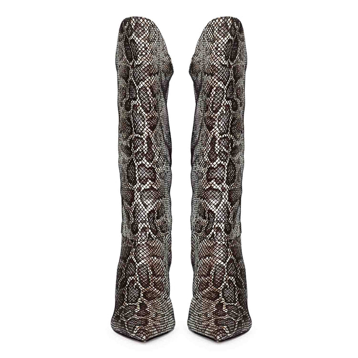 Saint Rocio snake print brown boots, front pair view of scaled pattern