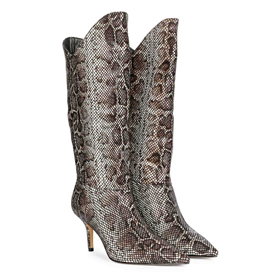 Saint Rocio snake print brown boots, pair view showing western-cut shaft