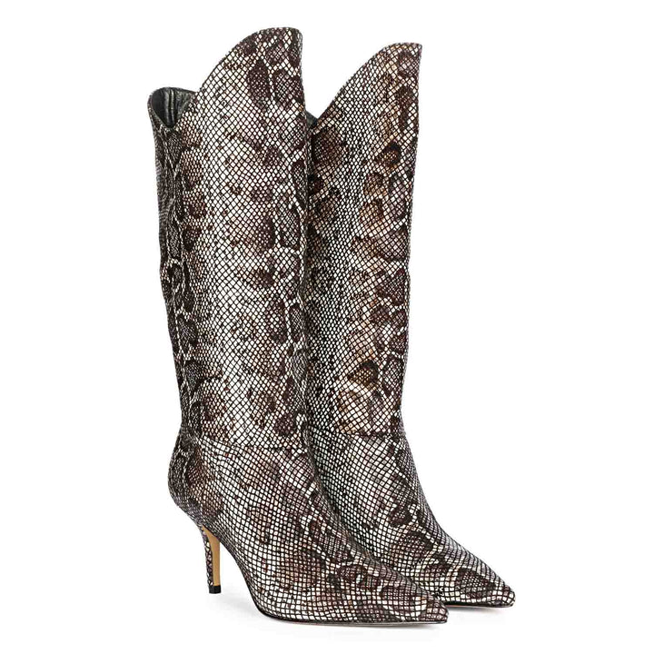 Saint Rocio snake print brown boots, pair view showing western-cut shaft