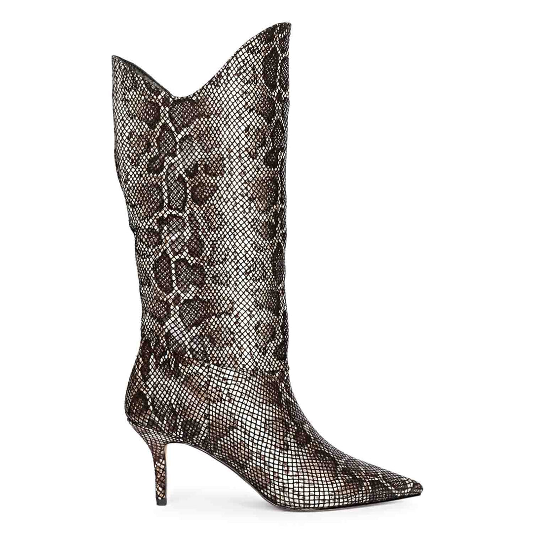Saint Rocio snake print brown leather knee high boots for women, side view of western-cut shaft