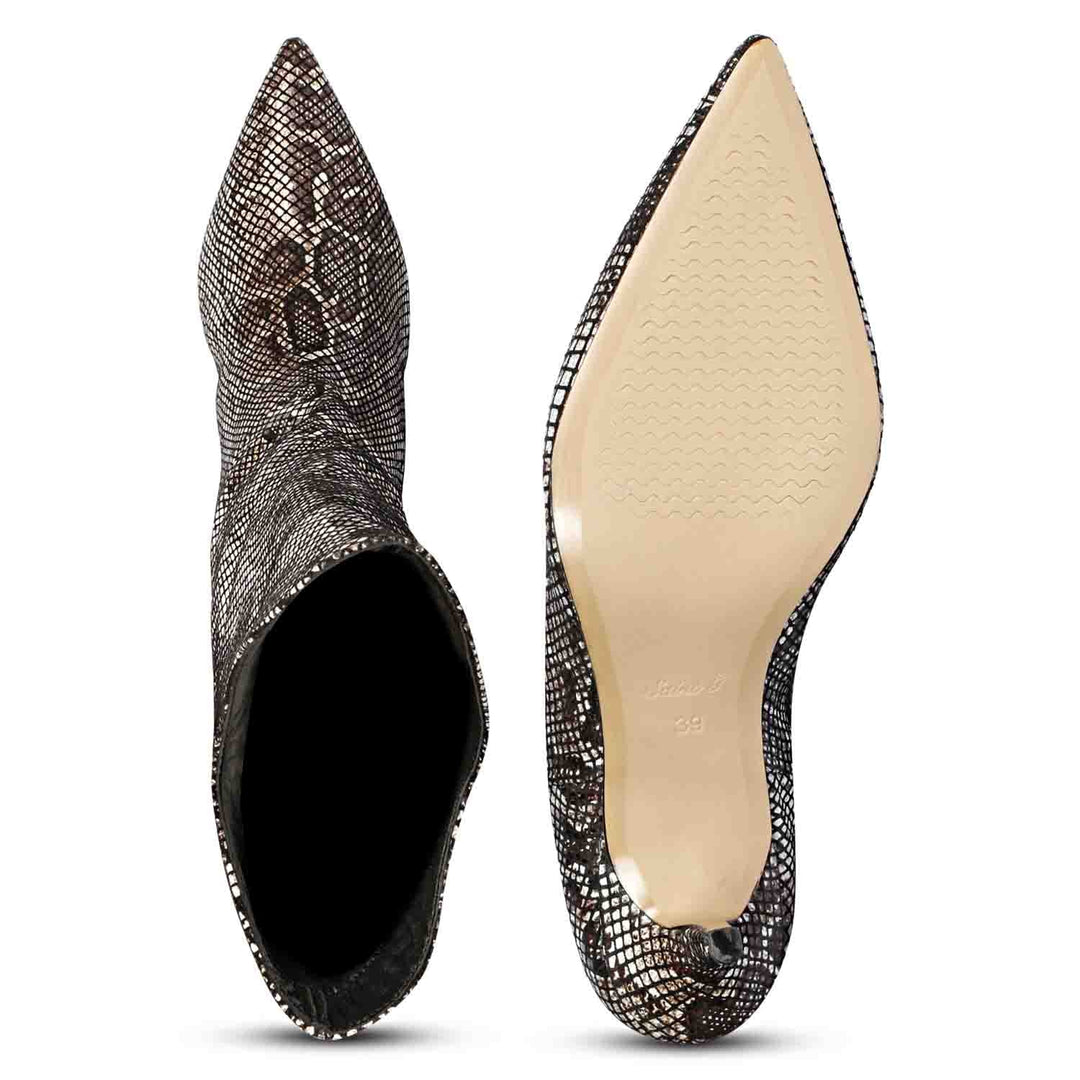 Saint Rocio snake print brown leather knee high boots, interior and sole view