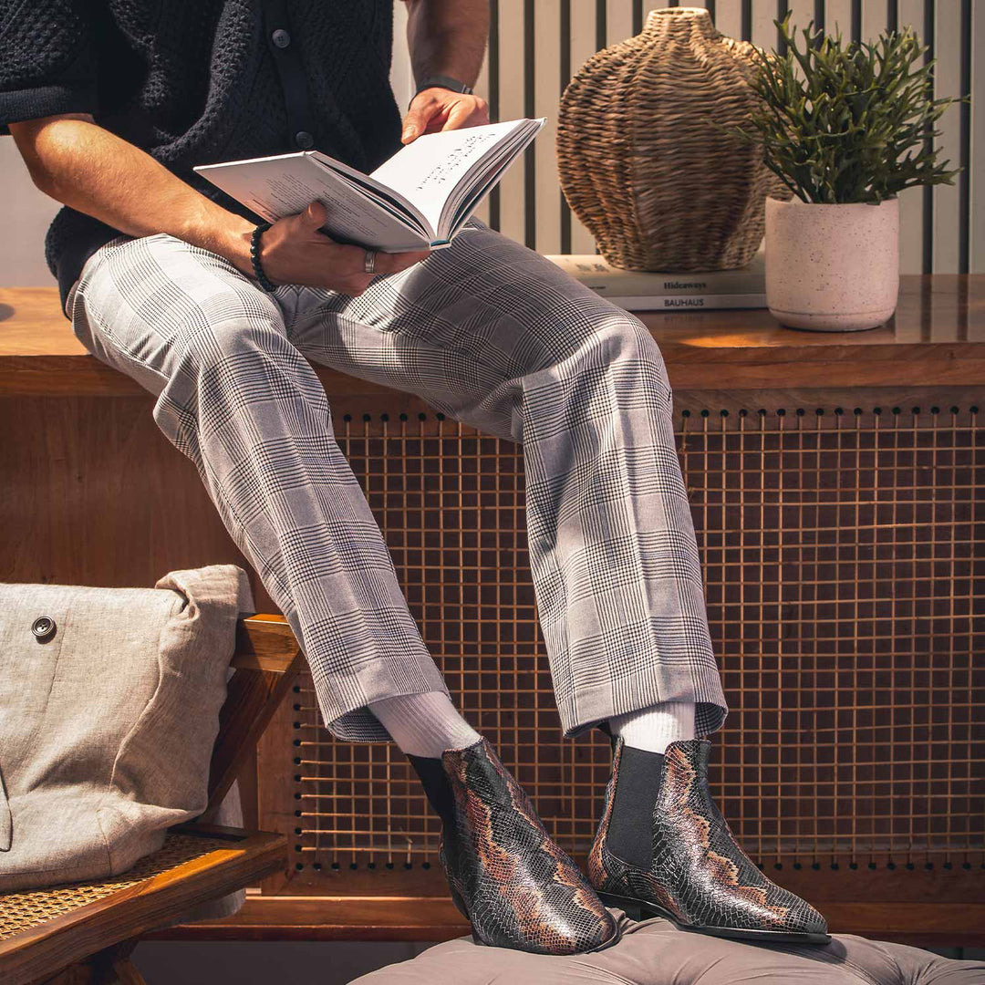 Saint Rory designer chelsea boots men blue snake print – lifestyle shot