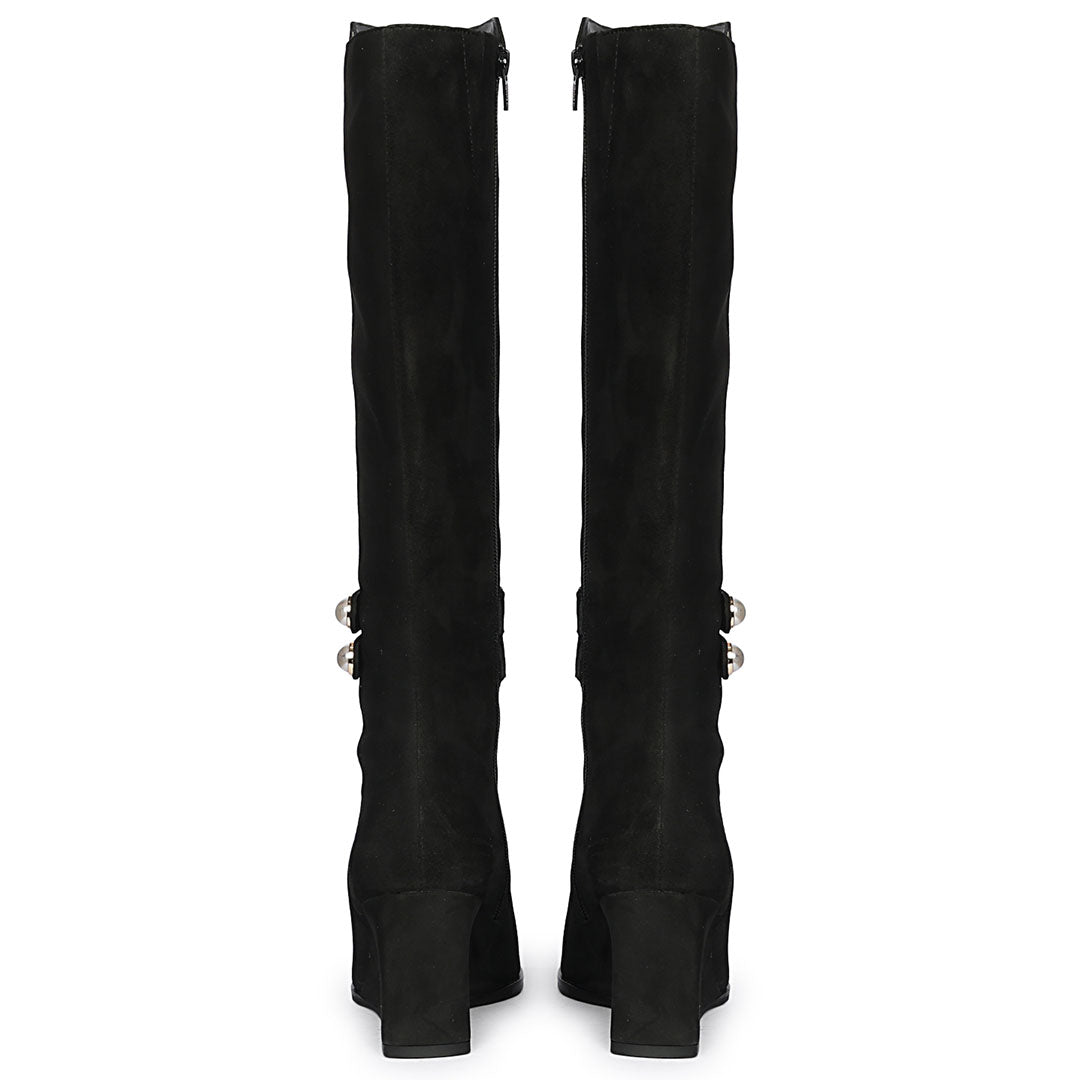 Saint Rosabel black suede knee high boots, back pair view showing wedge heel