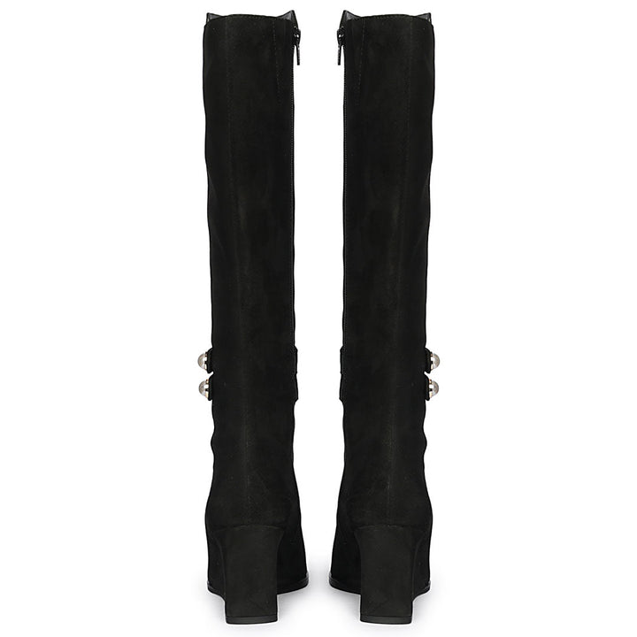 Saint Rosabel black suede knee high boots, back pair view showing wedge heel