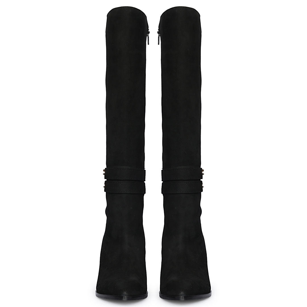 Women's black suede wedge knee high boots, front pair view