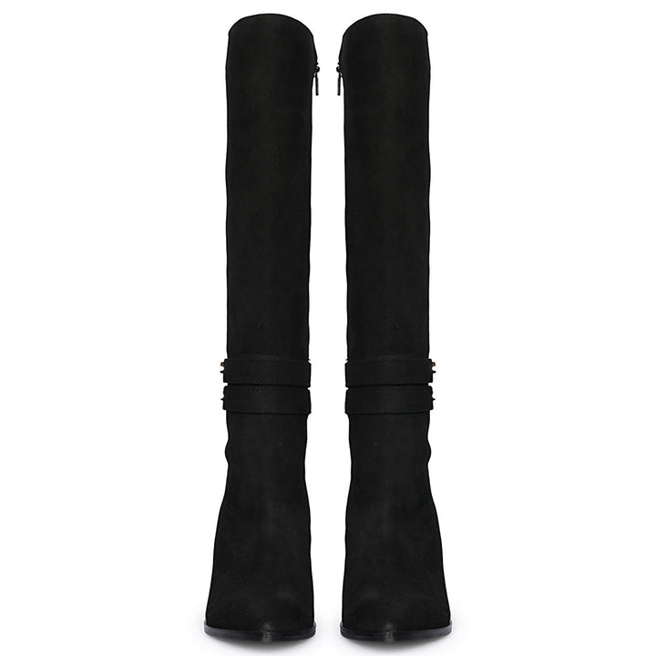 Women's black suede wedge knee high boots, front pair view