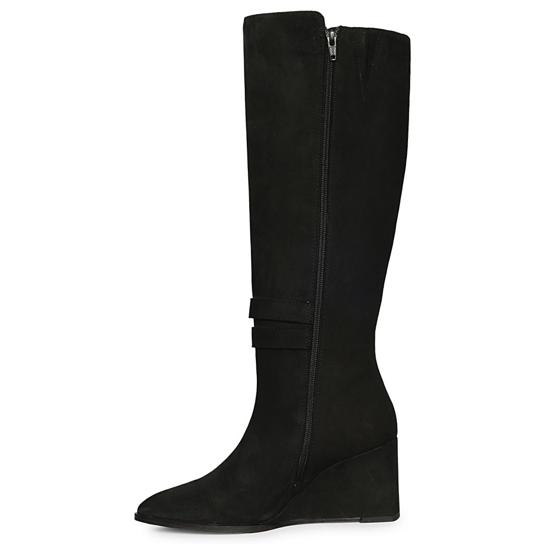 Saint Rosabel black suede knee high boots, alternate side view showing zip closure