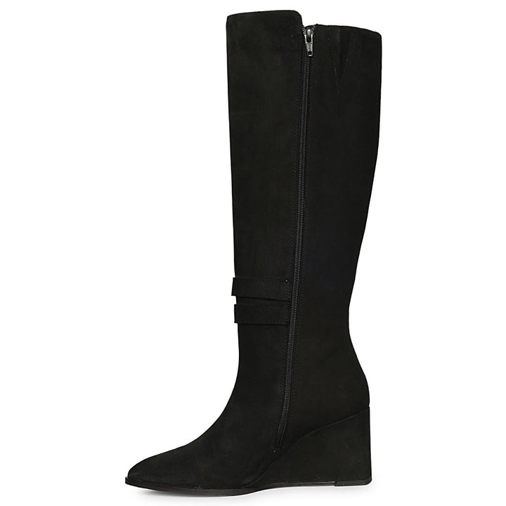 Saint Rosabel black suede knee high boots, alternate side view showing zip closure