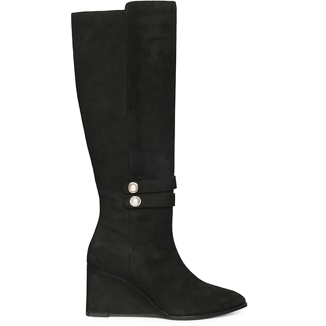 Saint Rosabel black suede wedge knee high boots for women, side view of pearl-button strap