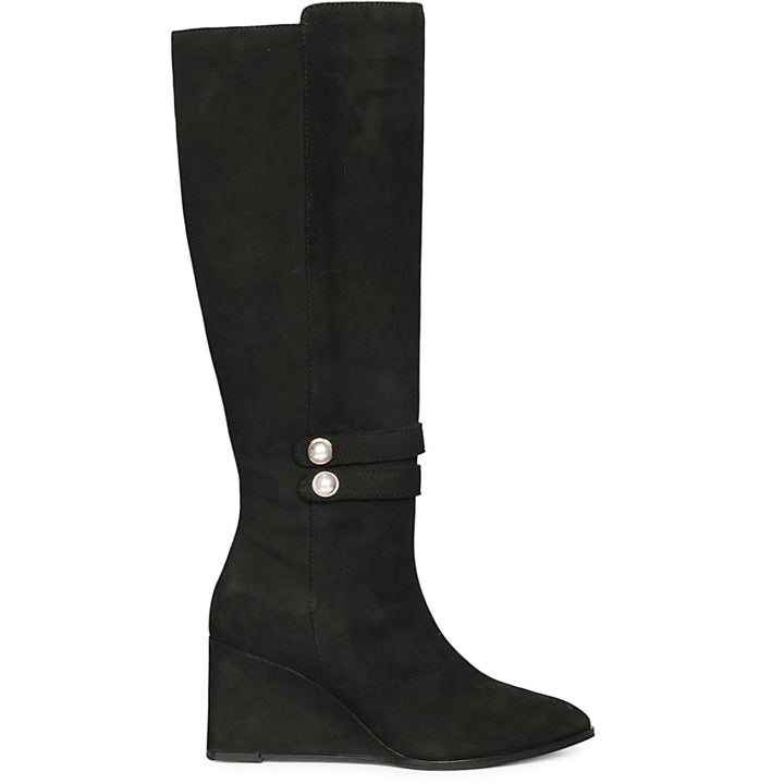 Saint Rosabel black suede wedge knee high boots for women, side view of pearl-button strap