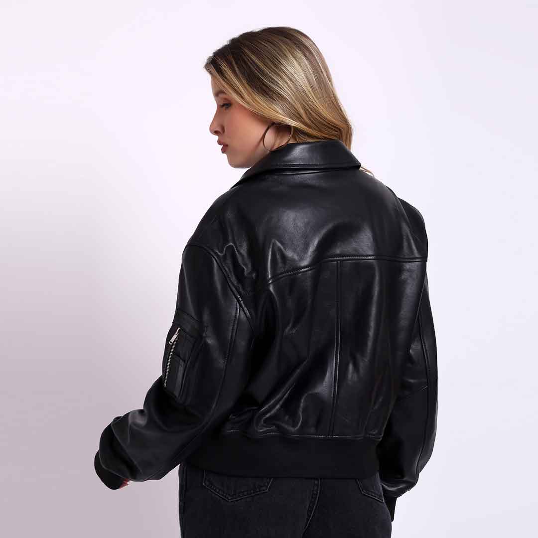 Saint Rosine black leather bomber jacket UK, back view showing ribbed hem