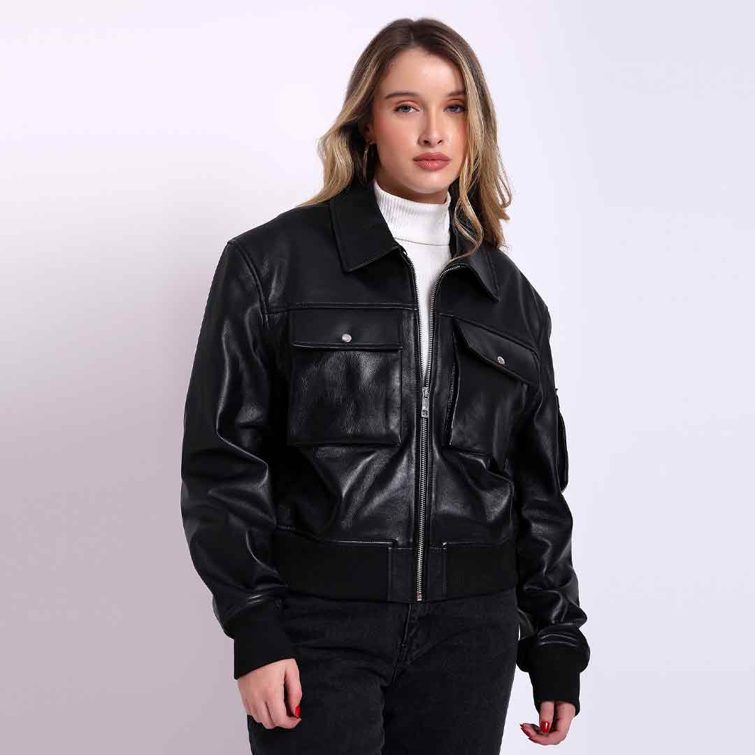 Saint Rosine black leather bomber jacket for women UK, front view with twin flap pockets