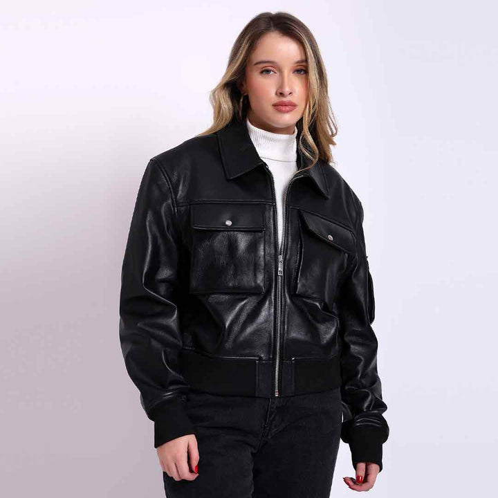 Saint Rosine black leather bomber jacket for women UK, front view with twin flap pockets
