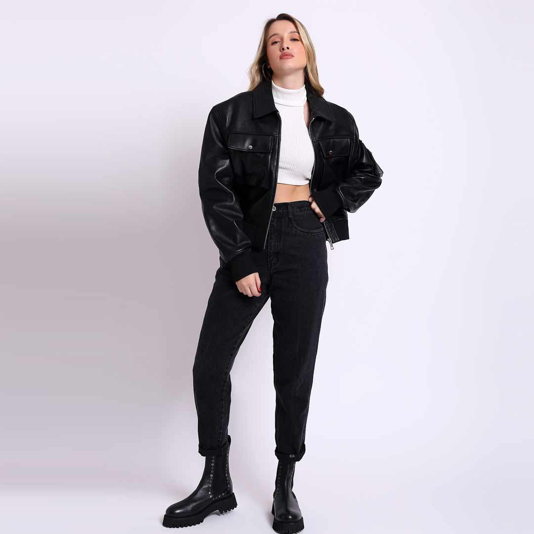 Women's black leather bomber jacket UK by Saint Rosine, styled full-length lifestyle shot